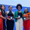 Irene and Mbithe with other laureates from the University of Cape Town. From left to right: Dr Sambatriniaina Rajohnson, recent PhD graduate from the Department of Astronomy; Hilja Eelu, PhD candidate in the Department of Statistical Sciences; Irene Nandutu; and Mbithe Nzomo.